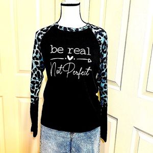 Be Real Not Perfect Leopard Print Paneled T-shirt Casual Raglan Longsleeve🎉